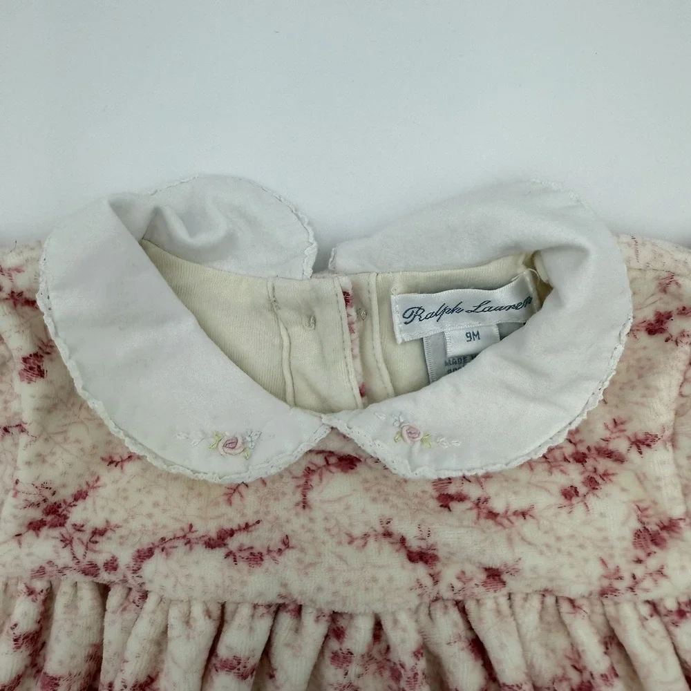 Ralph Lauren 9 Months Baby‎ Girl Pink Velvet Floral Dress Collar Soft 90% Cotton